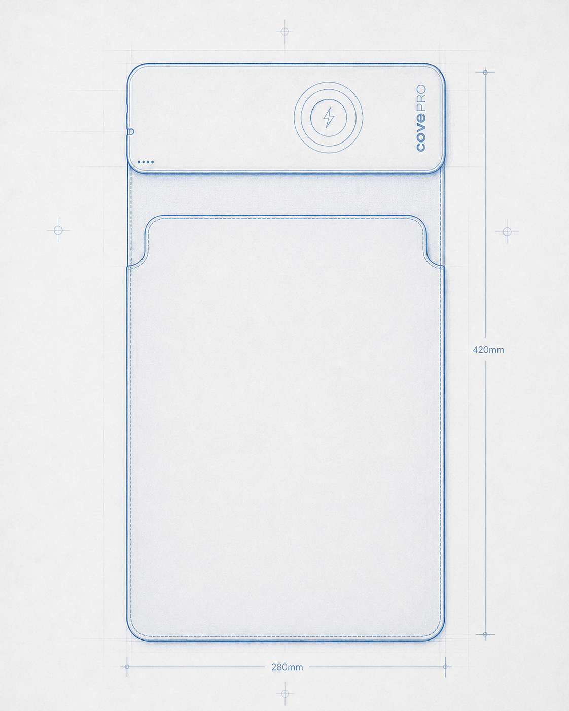 Boceto técnico de la funda Cove Pro con superficie de carga y batería